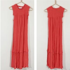 Petal & Pup Small Coral Orange Gauze Gauzy Midi Dress Pockets‎ Smocked